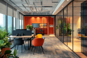 Modern commercial office workspace in Corpus Christi TX with glass partitions and clean carpet floors maintained by Aviva Cleaning Services.